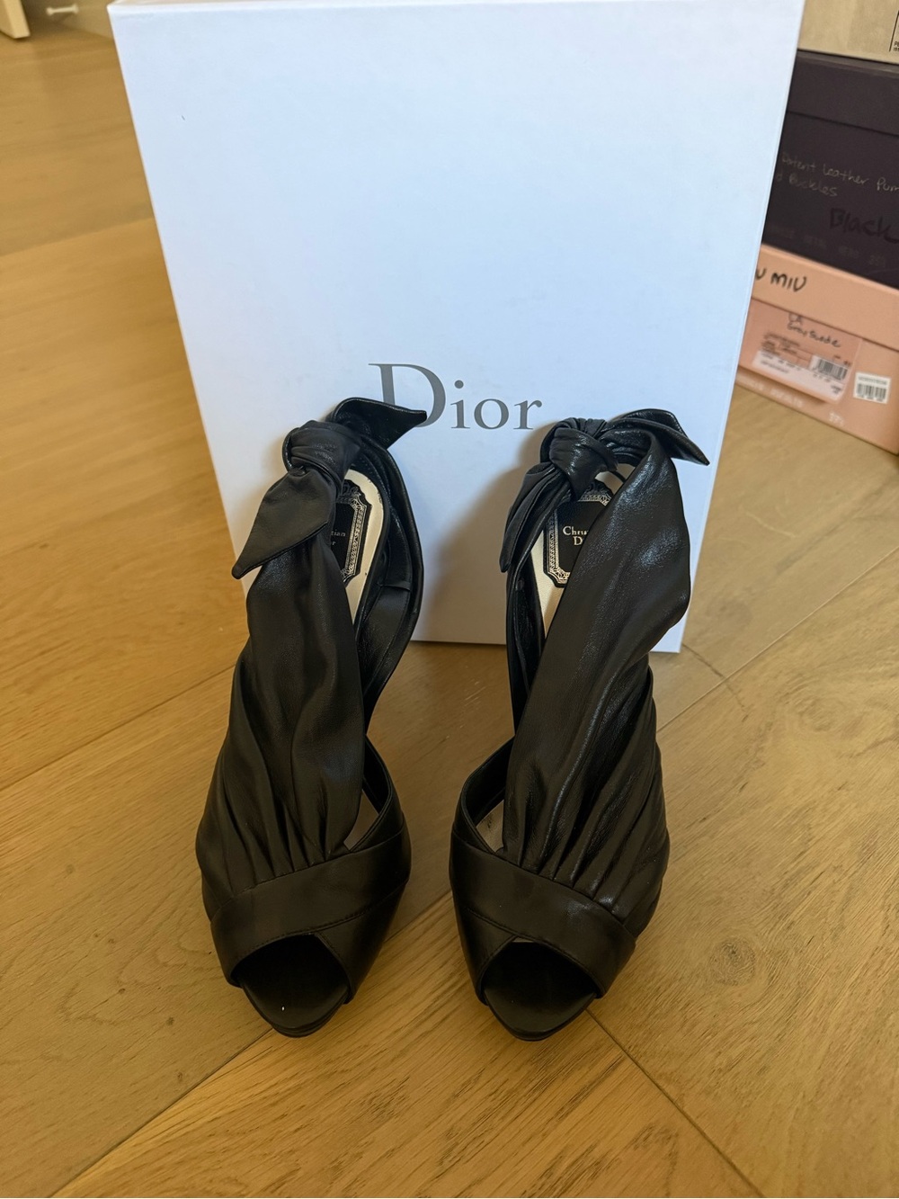 Dior Black Knotted Leather Peep-Toe Heels